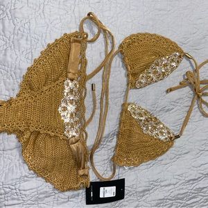 Beige crochet bikini with rhinestones